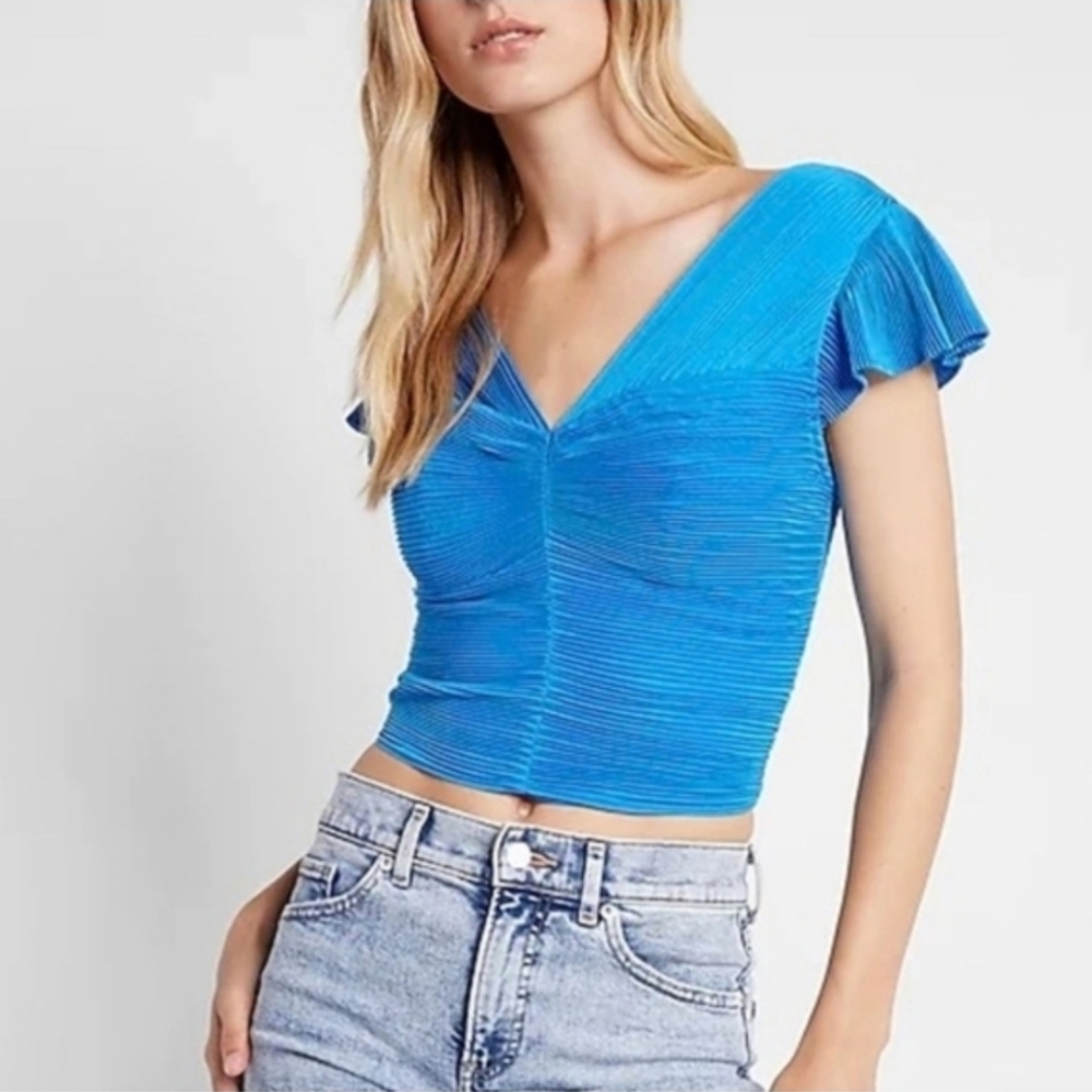Express NWOT Vibrant Blue Flutter Sleeve Pleated Blouse